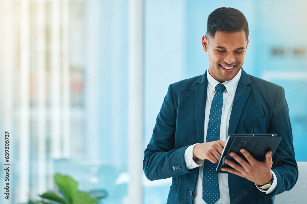 Business man, tablet and typing in office mockup for stock market research, data analytics and manag