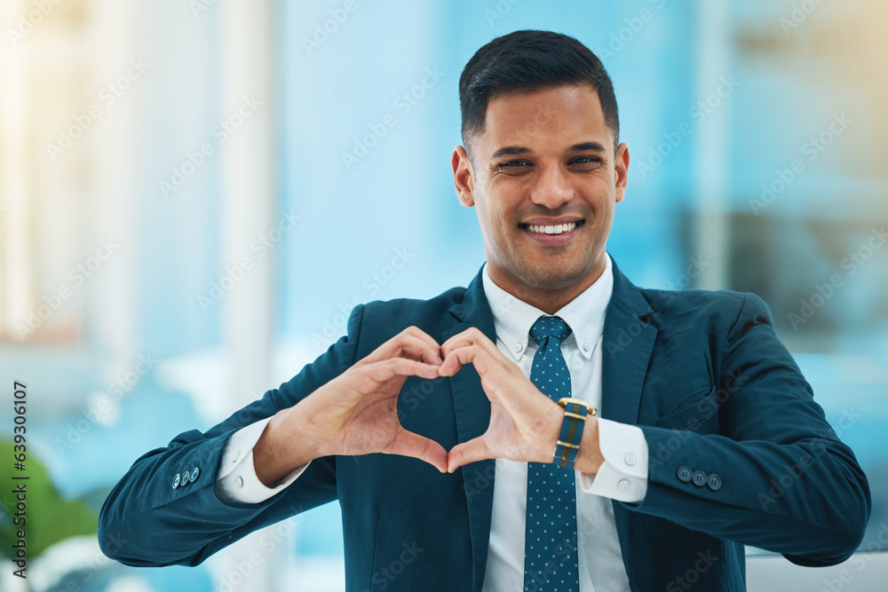 Hands, heart and portrait of business man for love, care and kindness of like emoji in office. Happy