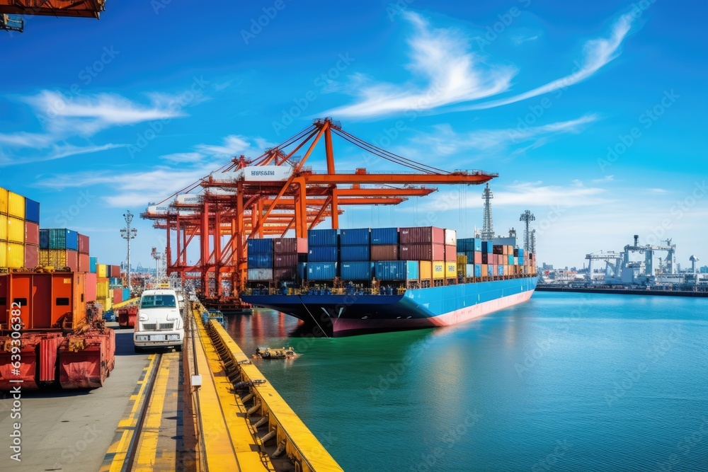 Vibrant and busy cargo port with ships, cranes, and containers