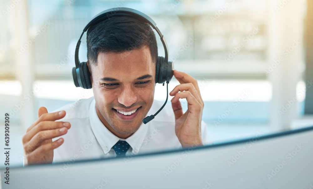 Man, callcenter and phone call, contact us and headset with mic, CRM and communication, smile with h