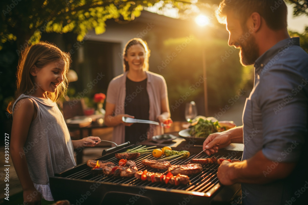 Happy family make barbecue together in garden home - Generative AI