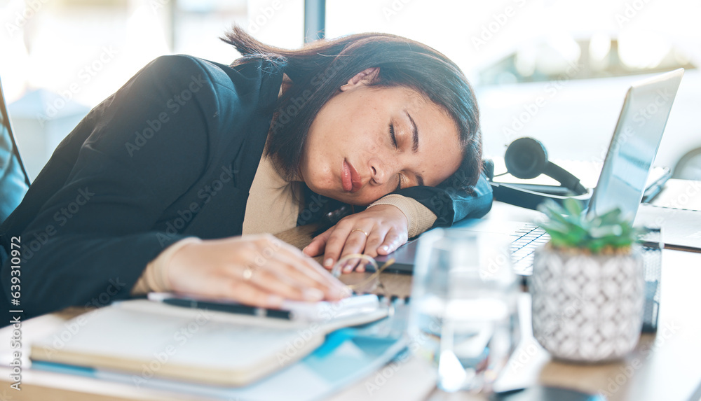 Tired, work and a woman at a desk for sleeping, corporate or working burnout in an office. Narcoleps