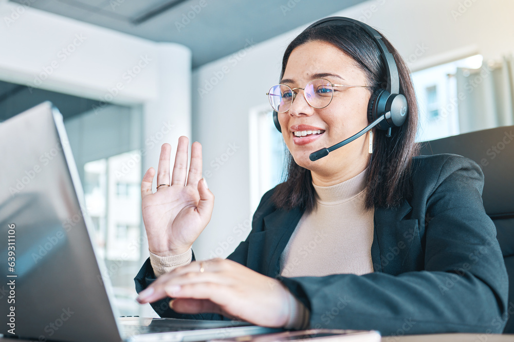 Customer service, laptop and woman wave in video call, help desk support and remote work at home. Ha