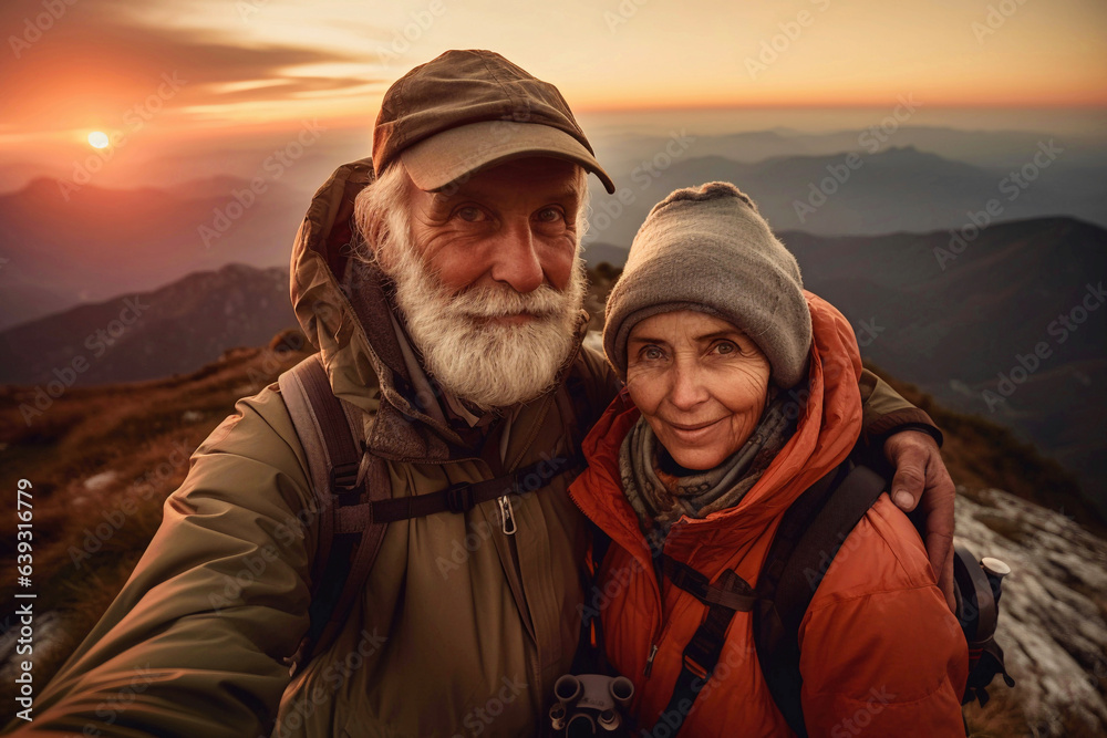 Happy senior couple taking selfie on top of mountain at sunset - Generative AI