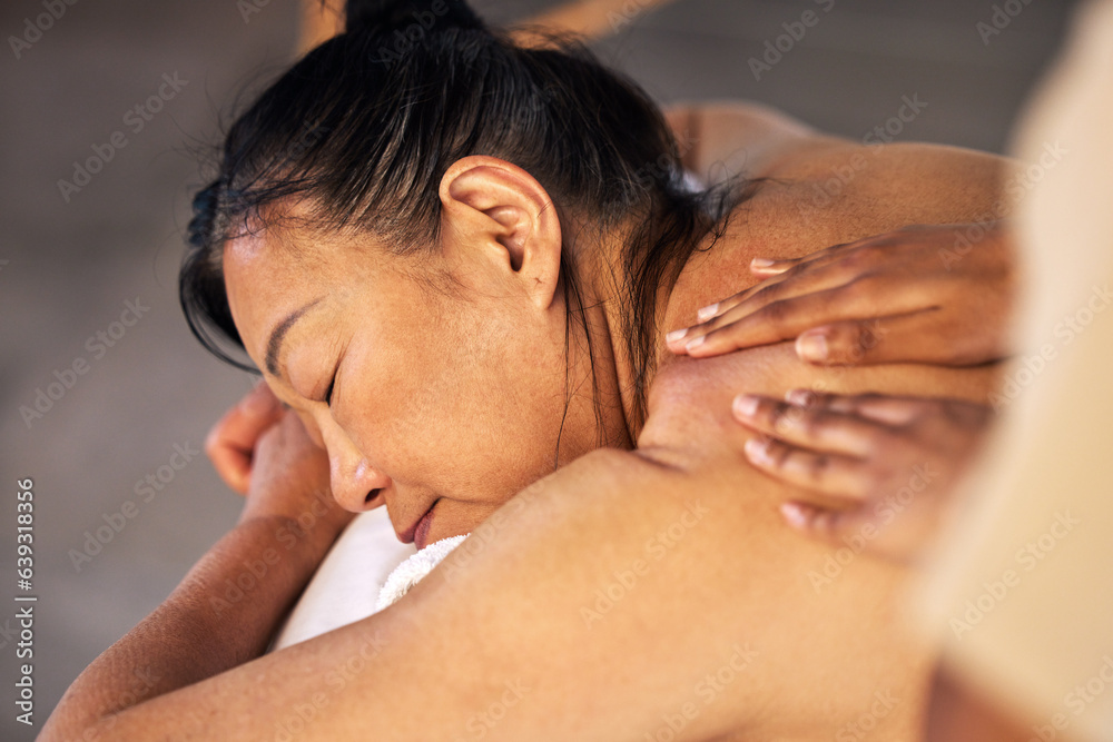 Relax, massage and senior with woman in spa for wellness, body treatment and hospitality. Peace, cos