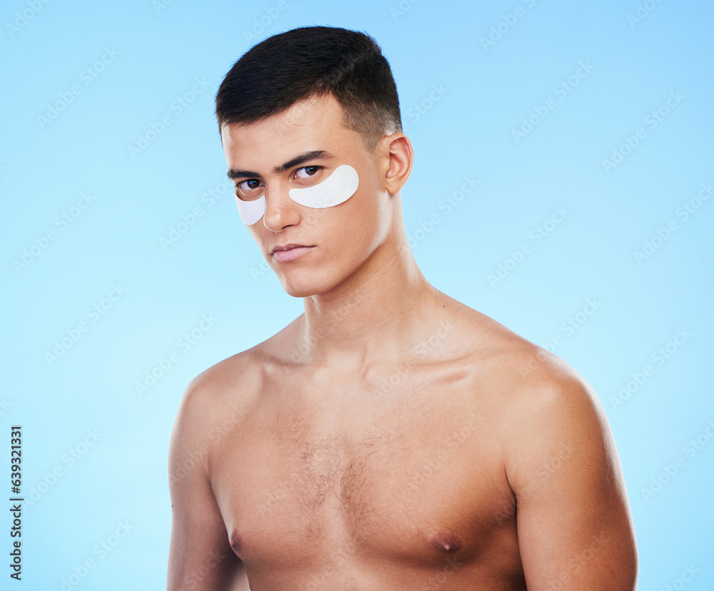 Man, beauty and portrait with eye patch for skincare, grooming and clean with hygiene on blue backgr