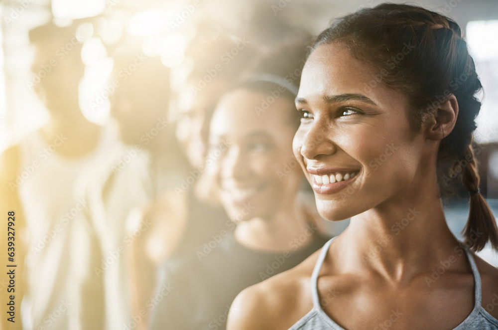 Happy, woman and face in gym with group for fitness, training or friends together in club for exerci