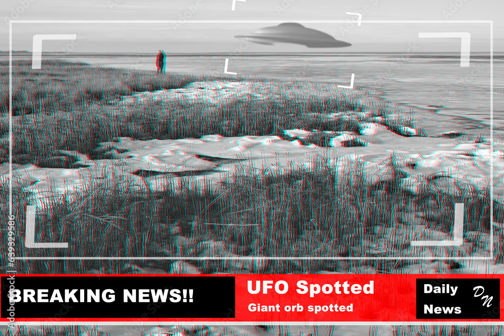 UFO, spaceship and alien in nature or earth with breaking news or broadcast background and televisio