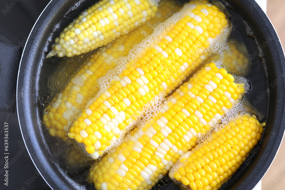 Cooking pot with boiling corn cobs on electric stove in kitchen, closeup