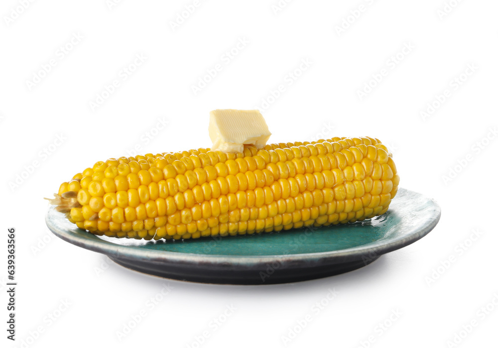 Plate of boiled corn cob with butter on white background