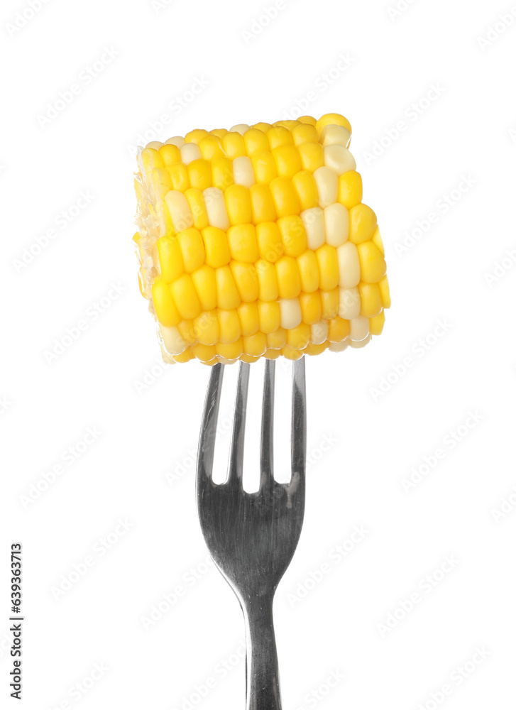 Fork with piece of boiled corn cob on white background