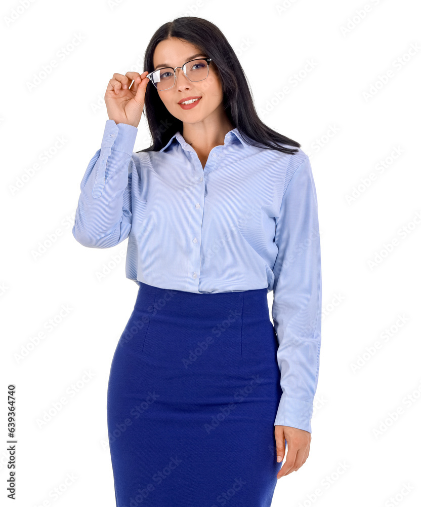 Portrait of pretty businesswoman on white background