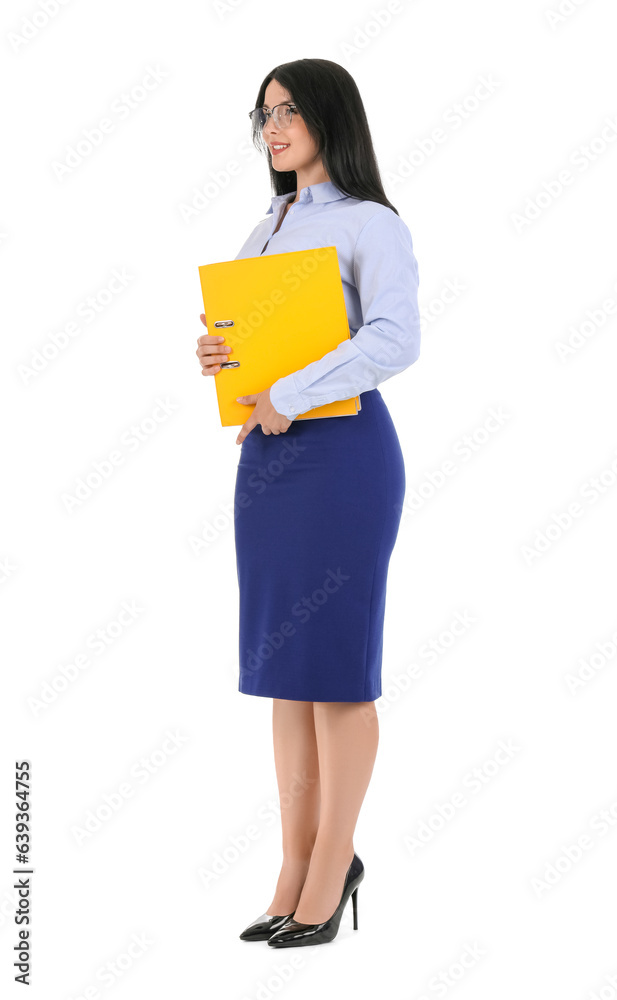 Portrait of pretty businesswoman with file folder on white background