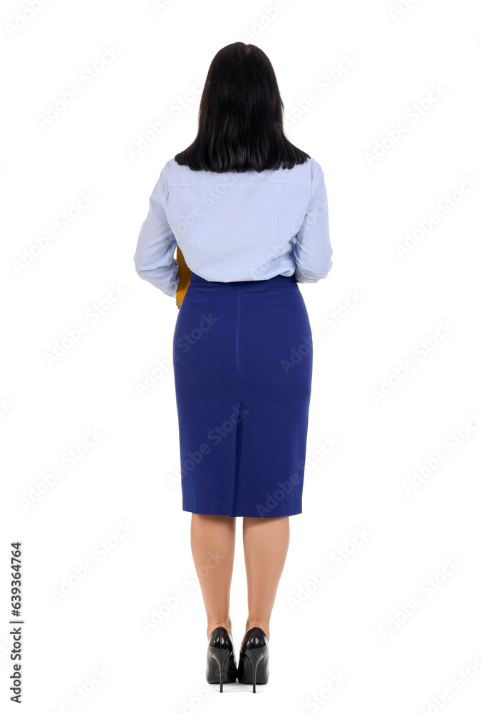 Portrait of businesswoman on white background, back view