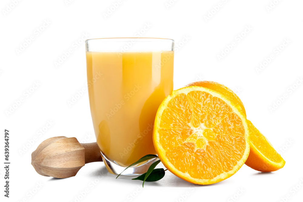 Glass of fresh orange juice, fruits and juicer isolated on white background