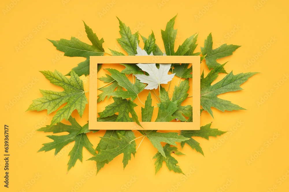 Composition with picture frame and maple leaves on color background