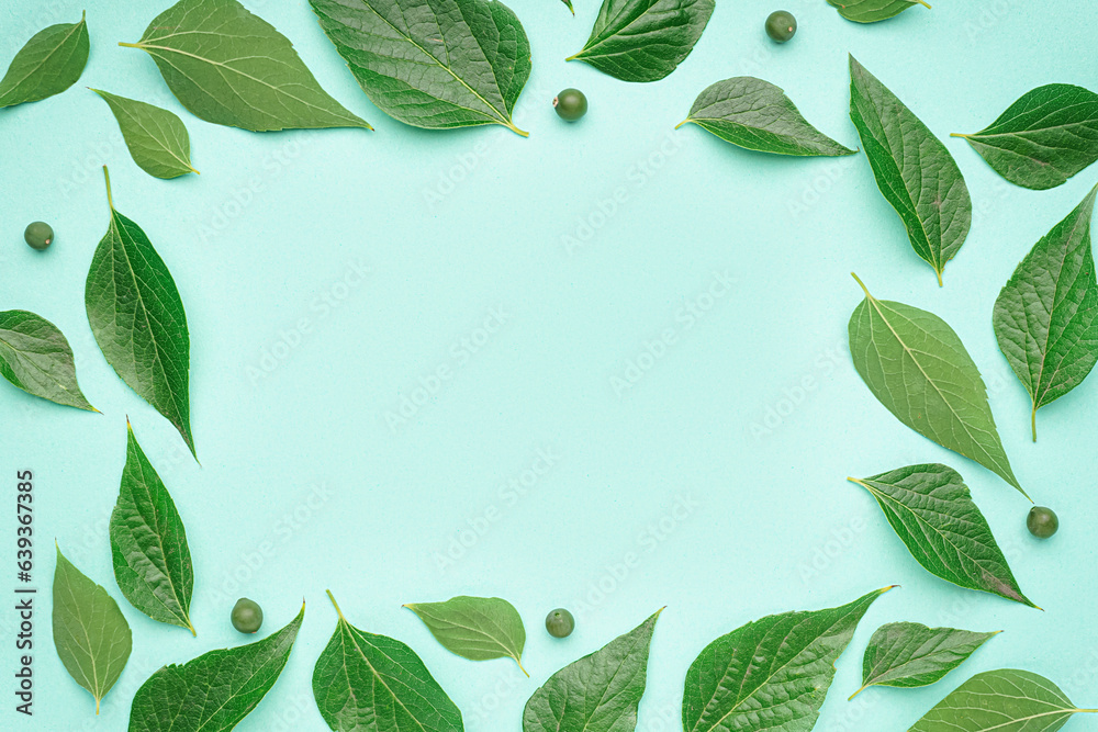 Frame made of green plant leaves and seeds on color background