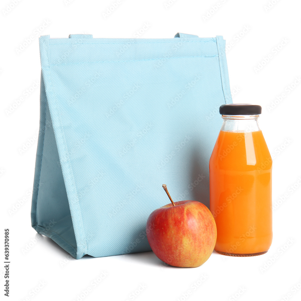 Lunch box bag with bottle of juice and apple isolated on white background