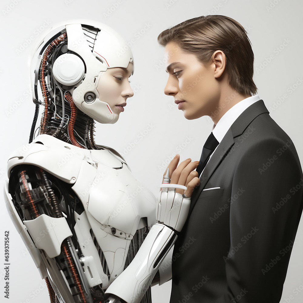 Human and cyborg relationship concept, Couple on white background