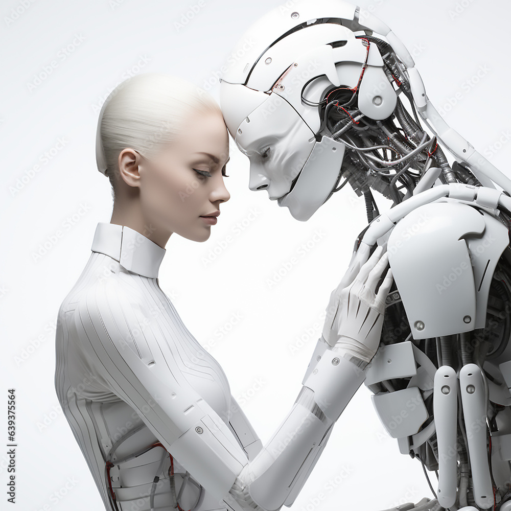 Human and cyborg relationship concept, Couple on white background