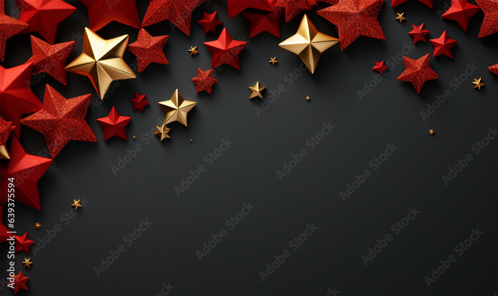 Christmas decorations with space, Red and golden stars on black background. Flat lay, top view, copy