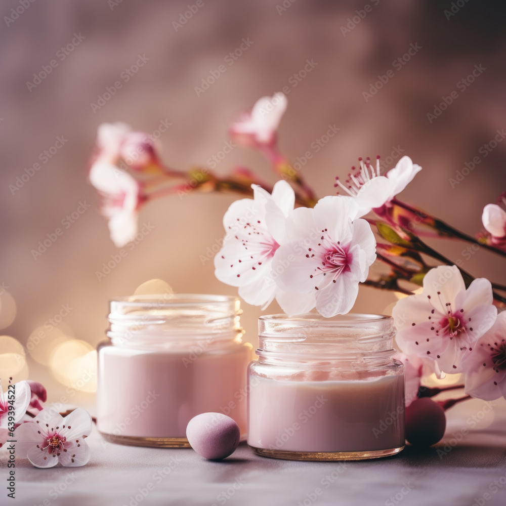 Moisturizing cream and almond blooms front view close up