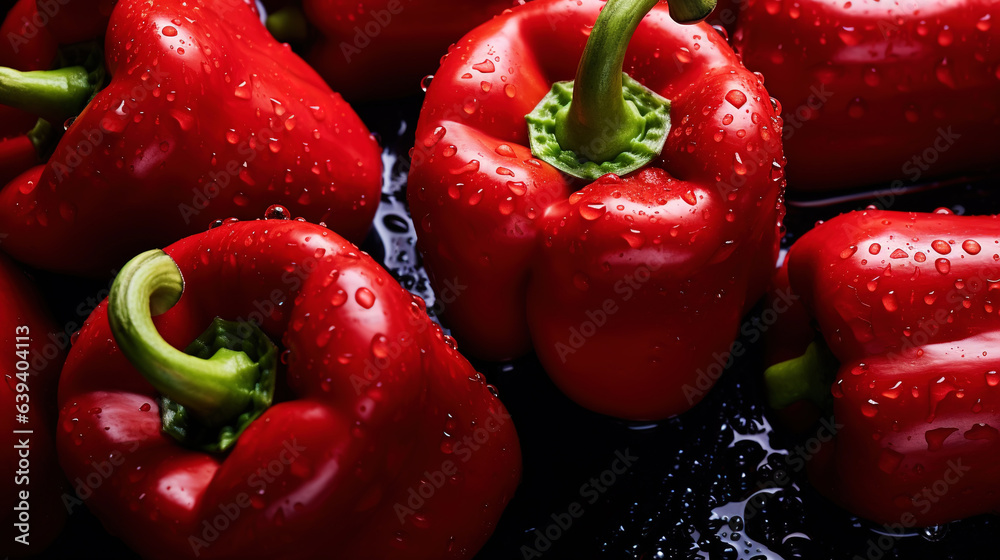 Fresh red bell peppers with water drops background. Vegetables backdrop. Generative AI