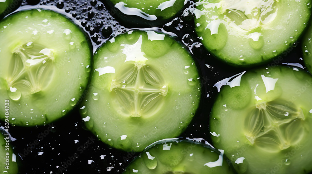 Fresh green cucumber slices with water drops background. Vegetables backdrop. Generative AI