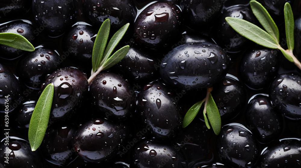 Black olives with leaves and water drops background. Vegetables backdrop. Generative AI