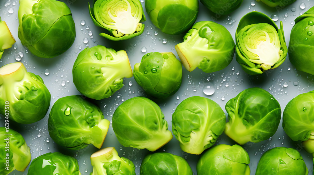 Fresh green brussels sprouts with water drops background. Vegetables backdrop. Generative AI