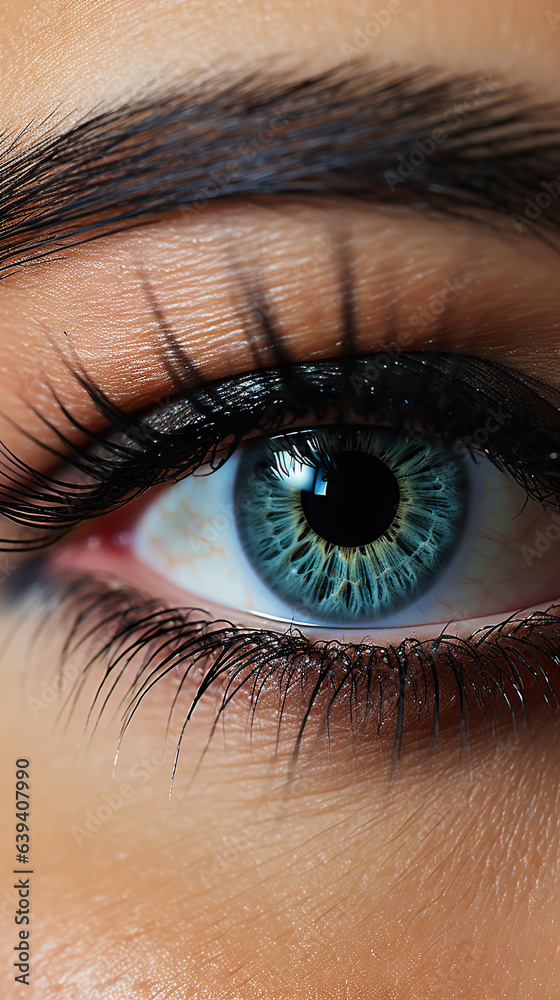 Close-up of a womans eye with dramatic lashes, black eyeline and professional makeup. Generative AI