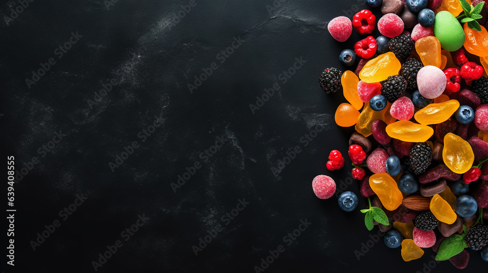 Top view on delicious multicolored candies on black rustic background. Generative AI