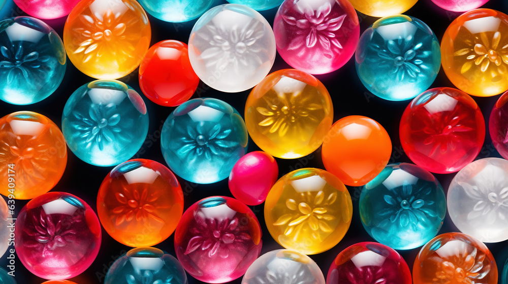 Top view on large colorful jawbreaker candies background. Gum colorful balls. Generative AI