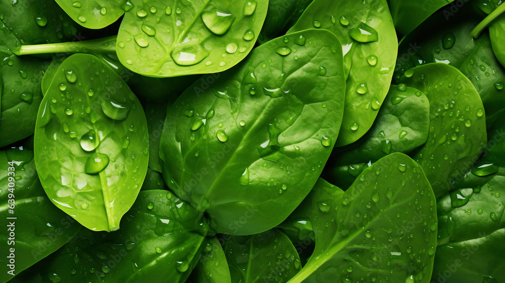 Fresh green spinach leaves with water drops background. Vegetables backdrop. Generative AI