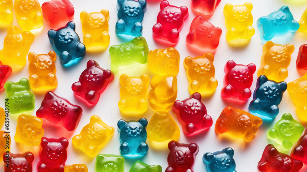 Gummy Jelly Bears Candies background. Sweet tasty backdrop. Generative AI