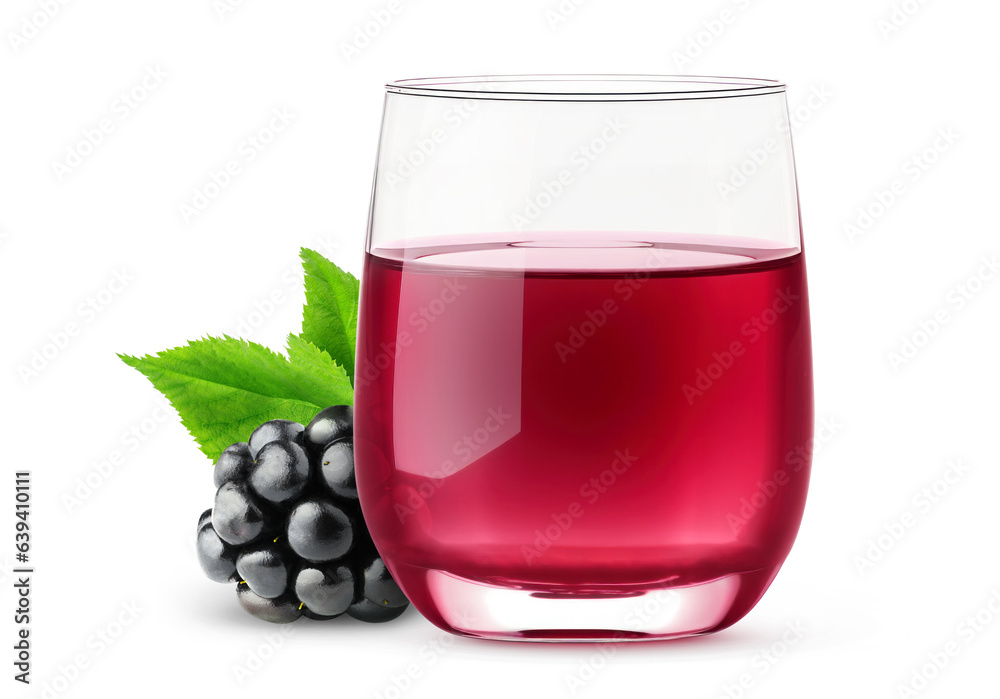 Glass of fresh blackberry drink isolated on white background