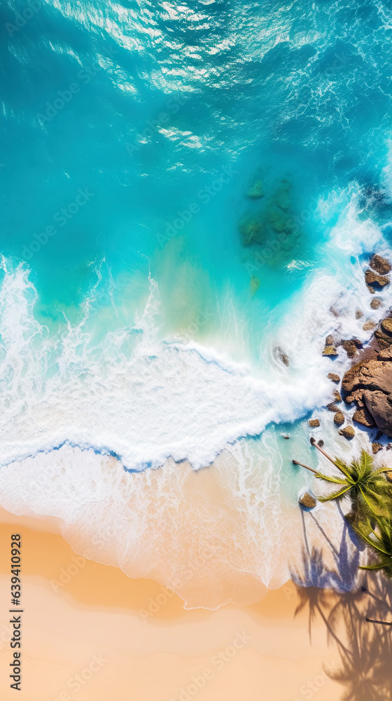 Aerial top view on sand ocean beach with palm trees. Summer vacation paradise concept. Vertical. Gen