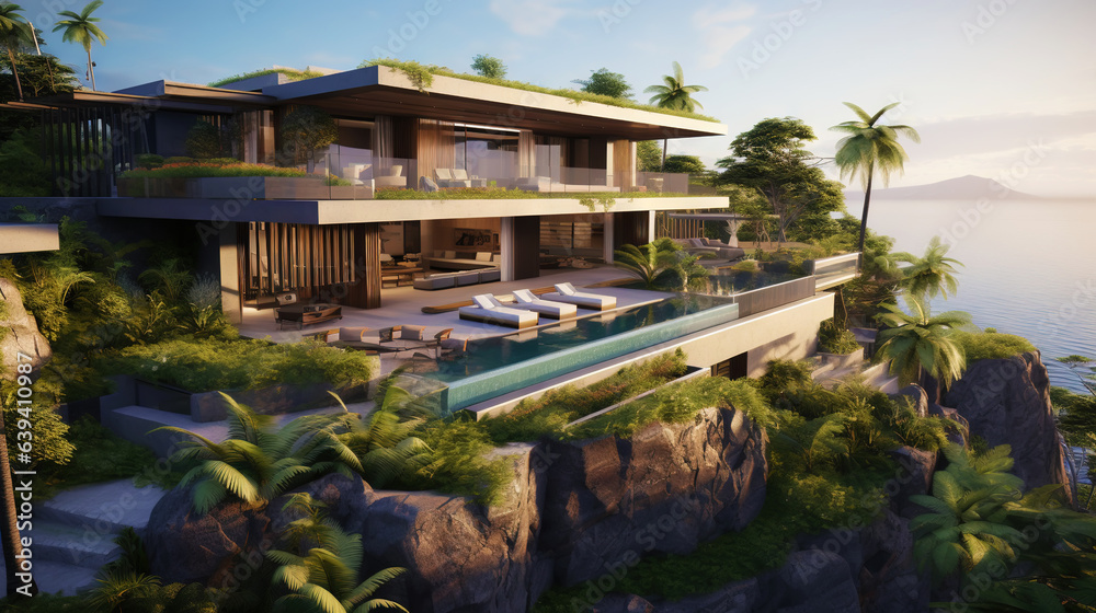 Luxury contemporaty villa on a mountain hill with a view on ocean. Generative AI