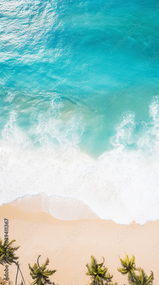 Aerial top view on sand ocean beach with palm trees. Summer vacation paradise concept. Vertical. Gen