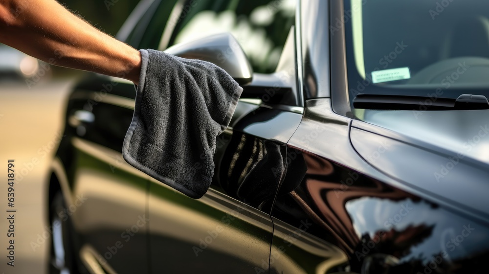 Car wash, Man are cleaning car with microfiber cloth.