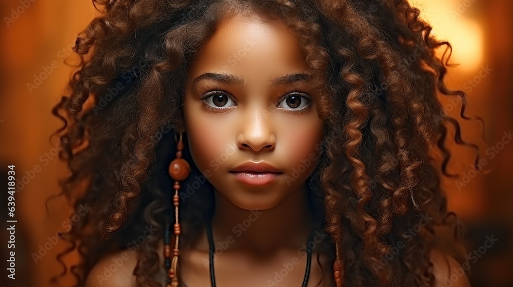 Portrait of African American young girl brunette curly haired with dark skin and smile.