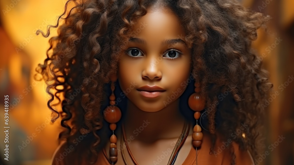 Portrait of African American young girl brunette curly haired with dark skin and smile.