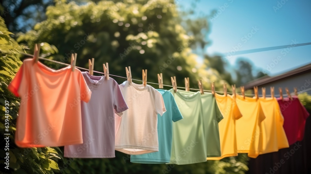 Childrens colorful clothing dries on a clothesline in the yard outside in the sunlight after being 