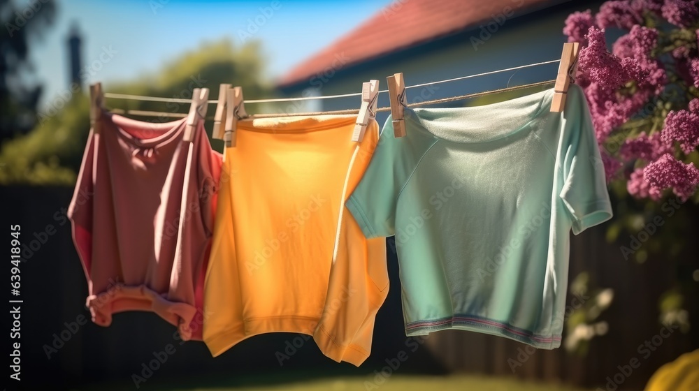 Childrens colorful clothing dries on a clothesline in the yard outside in the sunlight after being 