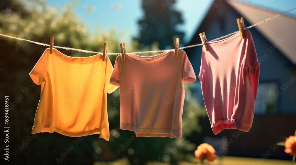 Childrens colorful clothing dries on a clothesline in the yard outside in the sunlight after being 