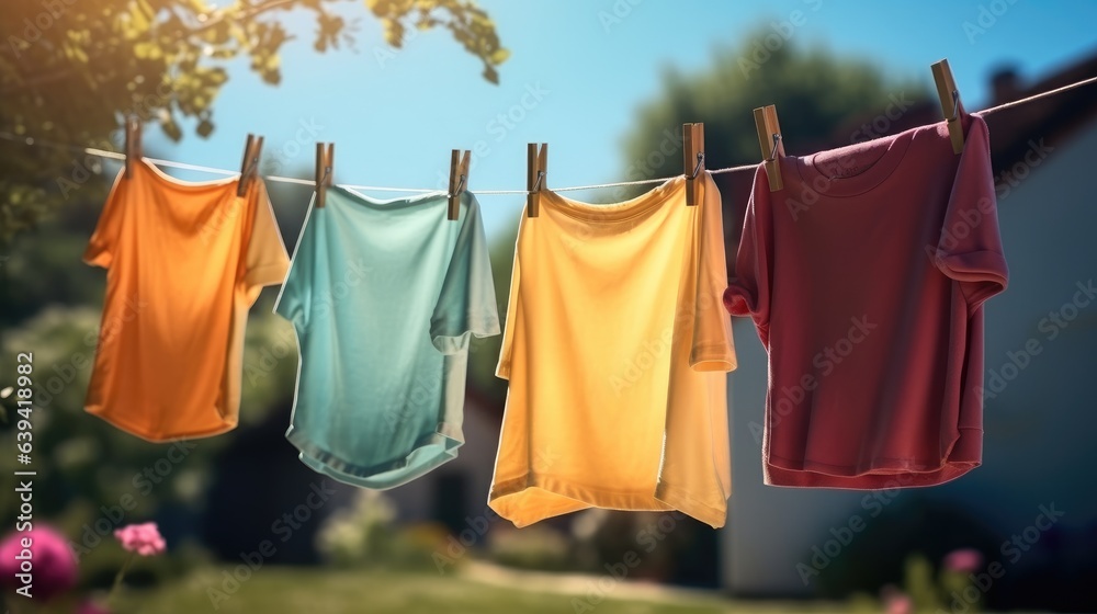 Childrens colorful clothing dries on a clothesline in the yard outside in the sunlight after being 