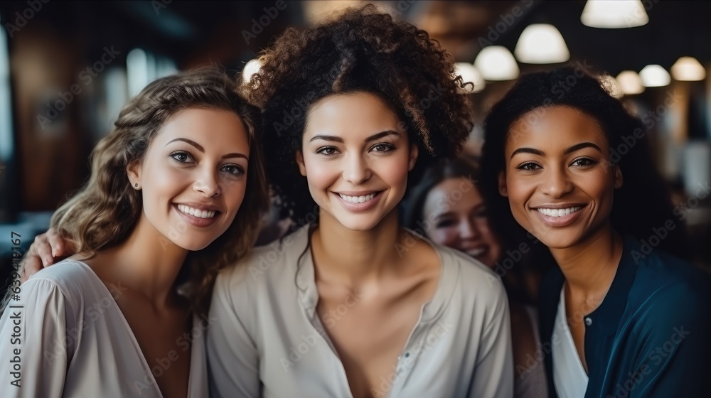 Happy group of woman smiling in fashionable office, Empowering women in the workplace inclusivity co