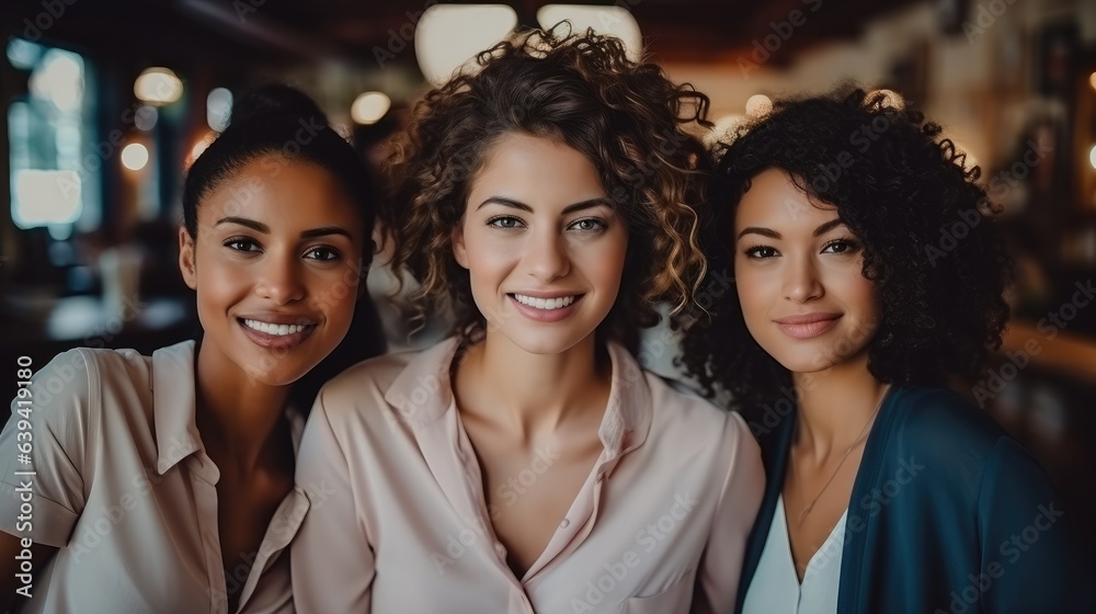 Happy group of woman smiling in fashionable office, Empowering women in the workplace inclusivity co