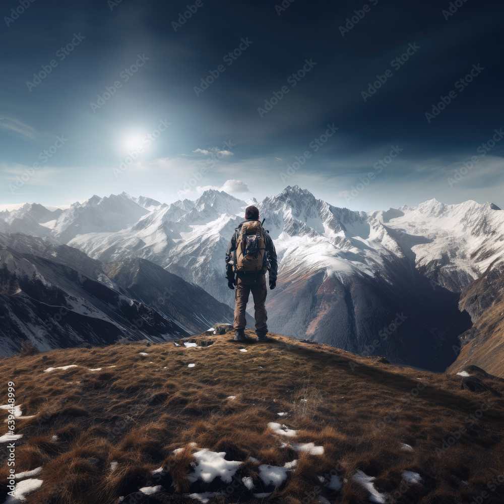 rear view of a man backpacker standing on top of mountain looking at view 