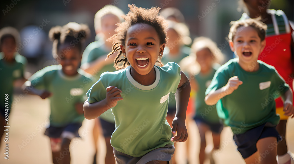 Diverse group of children filled with joy and energy running on athletic track, children healthy act